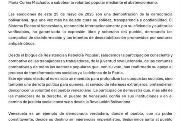 El Salvador: Bloque de Resistencia y Rebeldía Popular aplaude resultado en elecciones de Venezuela