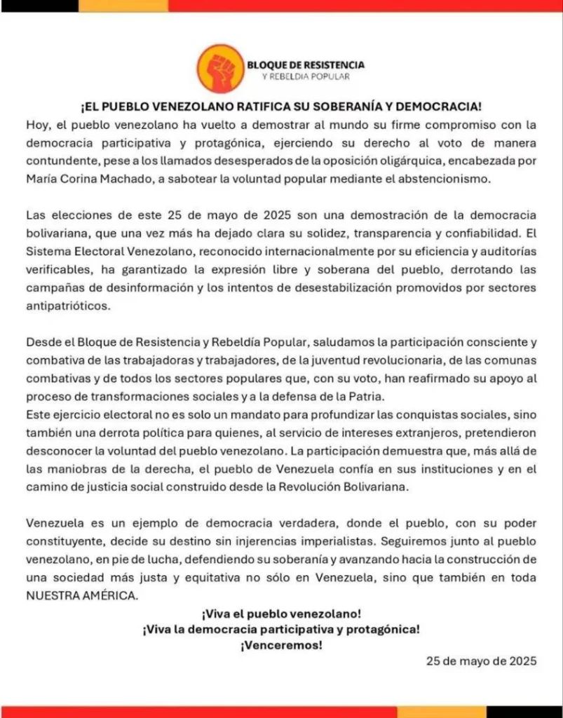 El Salvador: Bloque de Resistencia y Rebeldía Popular aplaude resultado en elecciones de Venezuela