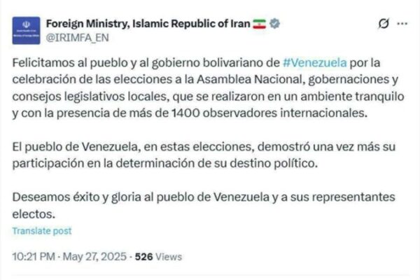 Venezuela agradece a Irán el reconocimiento de los resultados electorales Venezuela agradece a Irán el reconocimiento de los resultados electorales